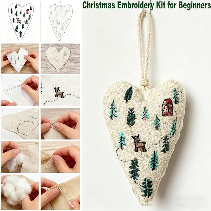 DIY Heart Shaped Hand Embroidered Christmas Ornament Kit Complete Craft Set with Pre-Printed Fabric Embroidery Thread Holiday Cross Stitch Decor for Beginners Adults and Home Decor (Finished product)