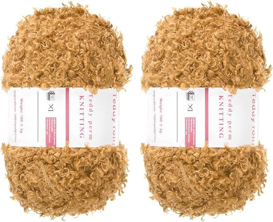 MECCANIXITY 2 Skeins Fur Yarn Soft Fluffy Chunky Yarn Fuzzy Eyelash Yarn Camel Brown for Crocheting Knit Clothes Bag - 55Yard/50m, 3.30ozx2