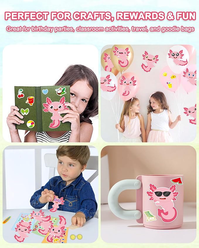 aowplc 32 sheets axolotl make-a-face stickers mix 'n match crafts for kids axolotl party favors & activities