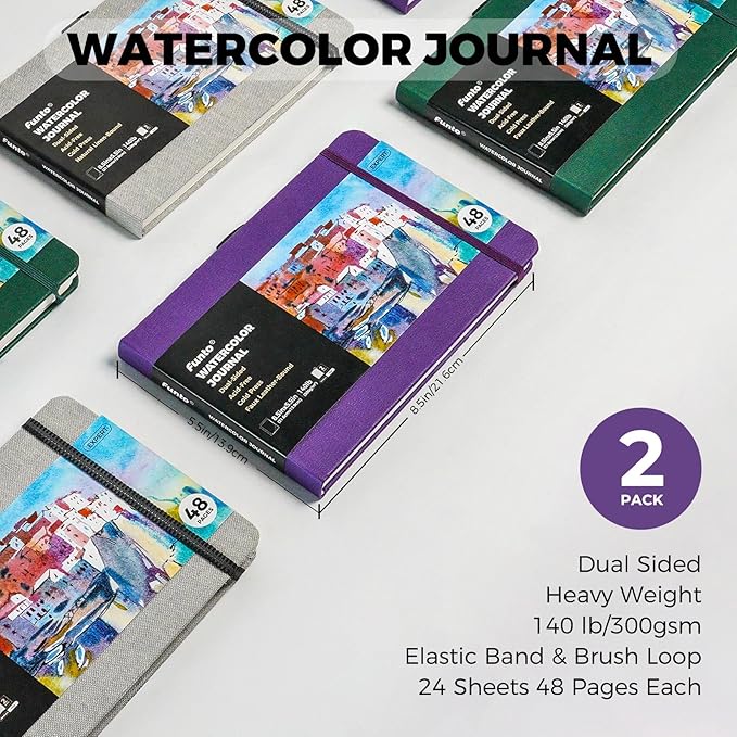 Funto Watercolor Journal, 8.5x5.5, 2 Pack, 48 Pages Each, Purple Leather Cover, Cold-Pressed, Inner Paper Pocket, Art Supplies for Mixed Media