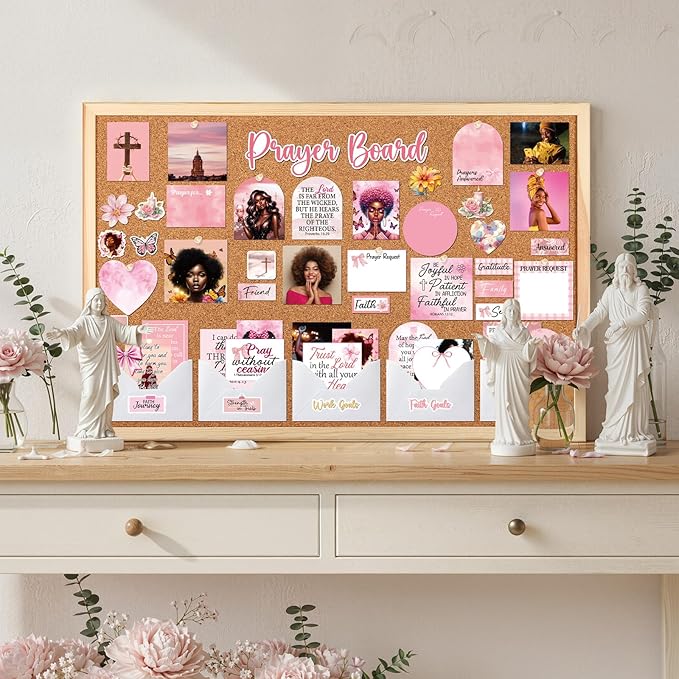 Black Women Prayer Board Kit - Vemfare 162 Pcs Prayer Board Stickers Supplies with Pins Envelope Bible Verse Quotes Cards, Pink Scrapbook Stickers, Bible Study Supplies for Women (Not Cork Board)