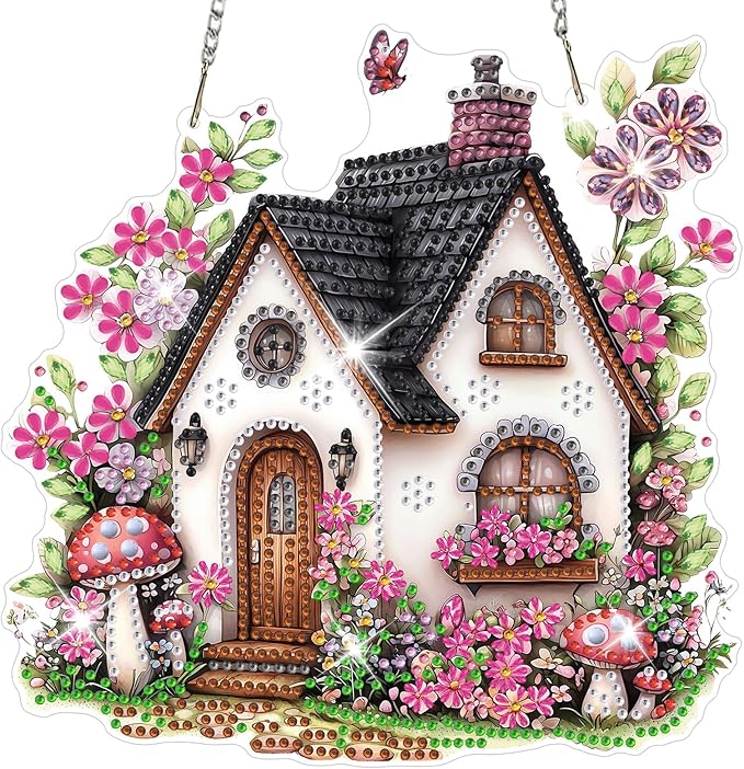 NAIMOER Diamond Art Hanging Kits for Adults House Flower 5D Special Shaped Rhinestone, DIY Acrylic Diamond Art Painting Window Pendants Home Garden Wall Hanging Ornament Kits, Double Sided