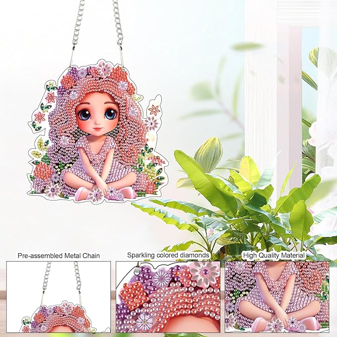 AiYuanzsh DIY Beautiful Girl Diamond Art Hanging Kit, Floral Special-Shaped Crystal Diamond Painting Pendant Ornament for Home Wall Decor Gift for Adults