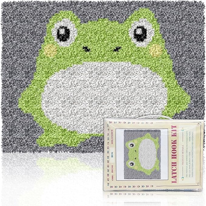 ORIGACH Frog Latch Hook Rug Kit for Adults DIY Needlework Cover Printed Rug Making Kit Handmade Carpet Tapestry with Hook Latch and Preprinted Canvas, Home Arts Crafts Sofa Decor, 20.5x15inch