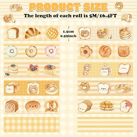 Bakery Bless Washi Tape - 12 Rolls Cute Donut Bear Waffle Bakery Washi Colored Masking Painters Scrapbook Decorative Art Tape Set DIY Crafts Self Adhesive Gift Wrapping Scrapbooking Supplies