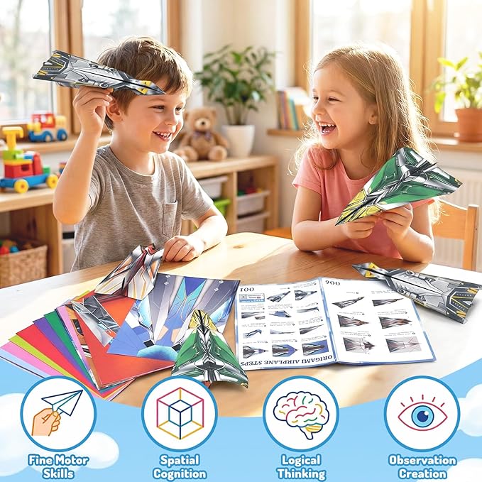 AluAbi 60 Sheets Paper Airplane Kits, Origami Paper Plane Kits for Kids Ages 6-8 8-12, Double Sided Colored Origami with Instructions Book & Video, Birthday Easter Crafts Airplane Gifts (Airplane)