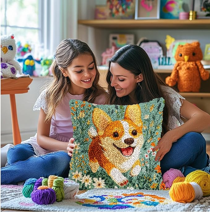 DIY Latch Hook Pillow Kits for Adults Welsh Corgi Dog Running in Flowers Printed Pillowcase Crochet Yarns Hooking Handmade Pillow Cover Cushion for Home Sofa Decoration 17x17inch-3