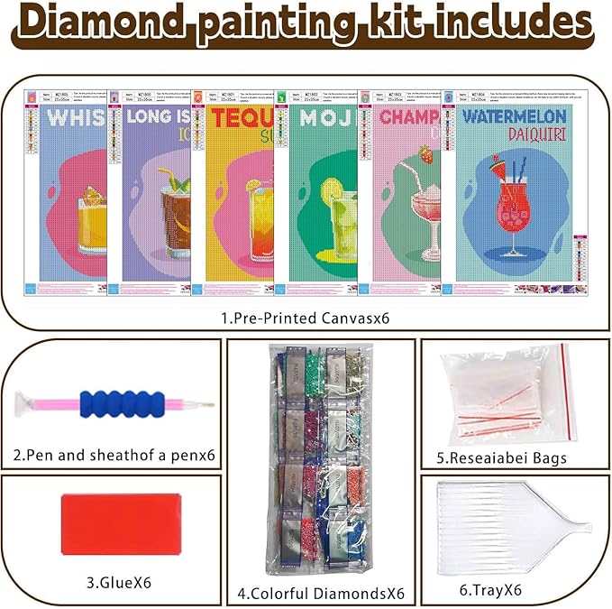 igoodom 6 Pack Cocktail Diamond Art Kits for Adults, Diamond Painting Kit, Full Drill Round Diamond Art Kits, DIY Gem Art and Crafts for Home Wall Decor Gift 9.8x13.7inch