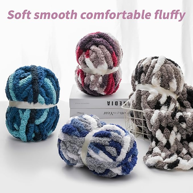 10 Pack Jumbo Chunky Yarn for Hand Knitting, Fluffy Chunky Chenille Yarn for Crocheting, Variegated Chunky Knit Baby Blanket Yarn, 240 yds /70.5 oz Super Bulky Yarn（Grey-Pink-Purple）