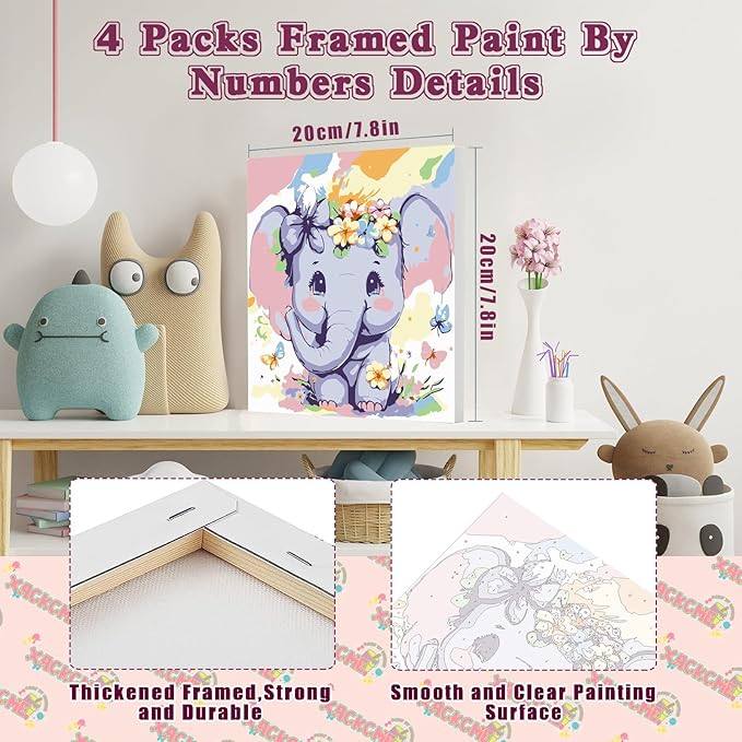 4 Pack Animal Paint by Number for Kids with Wooden Frame, Paint by Numbers for Kids Animals Ages 4-8-12, Easy Elephant Owl Giraffe Zebra DIY Acrylic Oil Painting Kits for Home Wall Decor (8X8 inch)