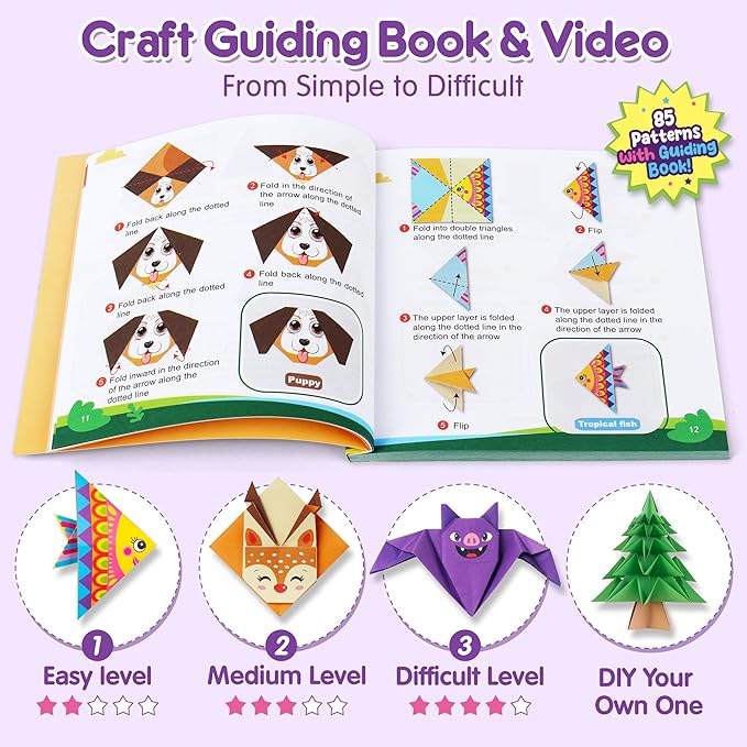 Mocoosy 320 Sheets Origami Kit for Kids Ages 5-8 9-12, Paper Airplane Kit, Folding Paper Set with Origami Book, Art & Craft for Boys Girls, Travel Game Airplane Car Road Trip Activity Toy Easter Gifts