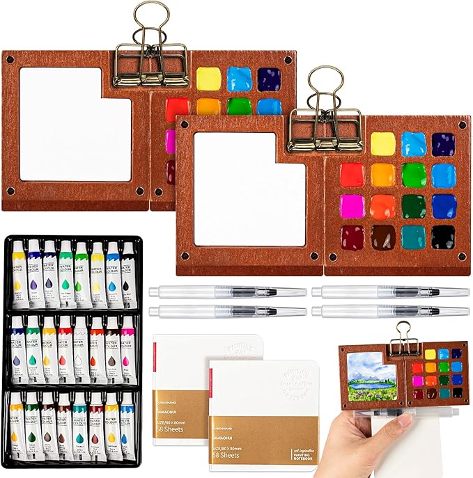 Mini Watercolor Travel Set, Mini Watercolor Paint Set with 2 Wooden 15-Grid Palette, 24 Colors Paint, 2 Sketch Books and 4 Brushes, Copper Clip and Sketchbook for Travel Painting