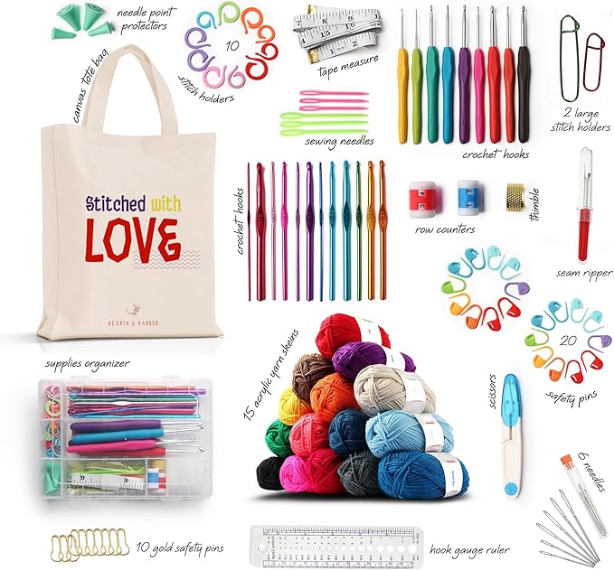 crochet kit for beginners adults and kids, 113 piece knitting & crochet supplies, 1500 yards assorted yarn, 21 ergonomic hooks, plus many accessories – beginner crochet kits ideal for amigurumi