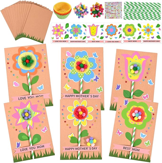 Sanixin 24 Sets Mother's Day Flower Card Craft Kit for Kids Spring DIY Flower Greeting Card Set Happy Mother's Day Card Making Kit for Mom Gifts Classroom School Home Activities