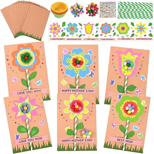 Sanixin 24 Sets Mother's Day Flower Card Craft Kit for Kids Spring DIY Flower Greeting Card Set Happy Mother's Day Card Making Kit for Mom Gifts Classroom School Home Activities