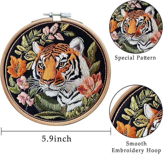 LB 4 Pack Wildlife Animal Leopard Embroidery Kit for Beginners Green Leaf Beginner Embroidery Kit for Adults DIY Starter Kit with Embroidery Hoop Colorful Threads Tools Step by Step Instructions