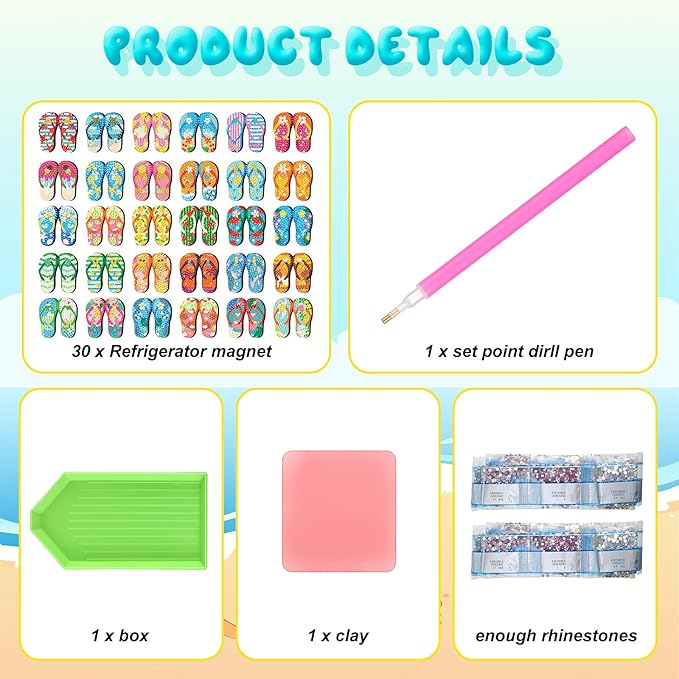 30 Pcs Summer Slipper Diamond Art Painting Magnets Fridge Magnetic Diamond Art Painting Kits Slippers Tropical Hawaiian Fridge Sticker Magnet DIY Craft for Adult Beginner Gifts Toy Home Office Decors