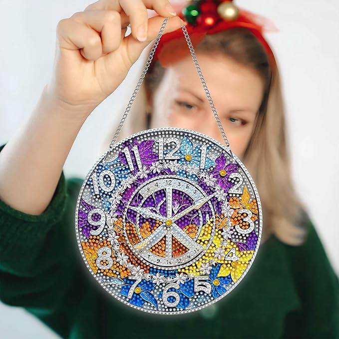 Hanging Diamond Art Kits for Adults Clock – 8x8 Inch Double-Sided Acrylic Board DIY Crystal Diamond Suncatcher Pendant, Sparkling Home Wall or Window Decoration Handmade Gift