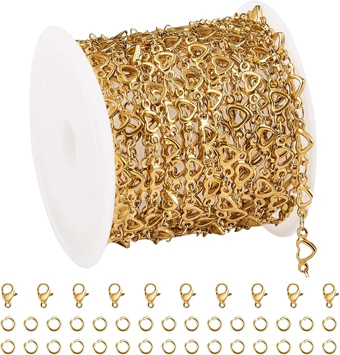 YOUBEIYEE 4 Meters Gold Plated Stainless Steel Jewelry Making Chain Hollow Heart Chain for Jewelry Making with Lobster Clasps Jump Rings