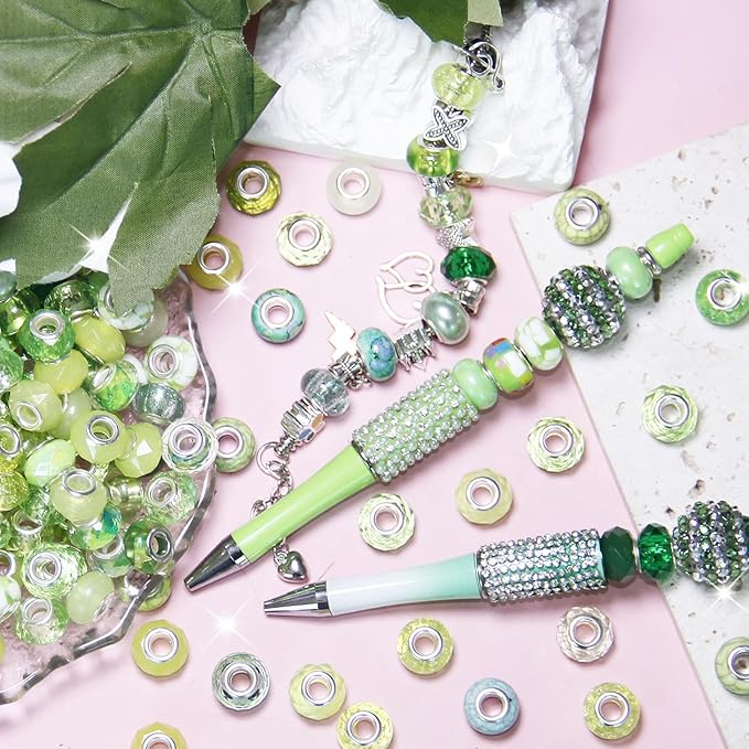 150Pcs Large Hole Beads Spacer Beads Light Green Assorted European Craft Big Beads Large Hole Lampwork Murano Bead Fairy Wand Garden Bead for DIY Bracelet Necklace Jewelry Making Decoration Supplies