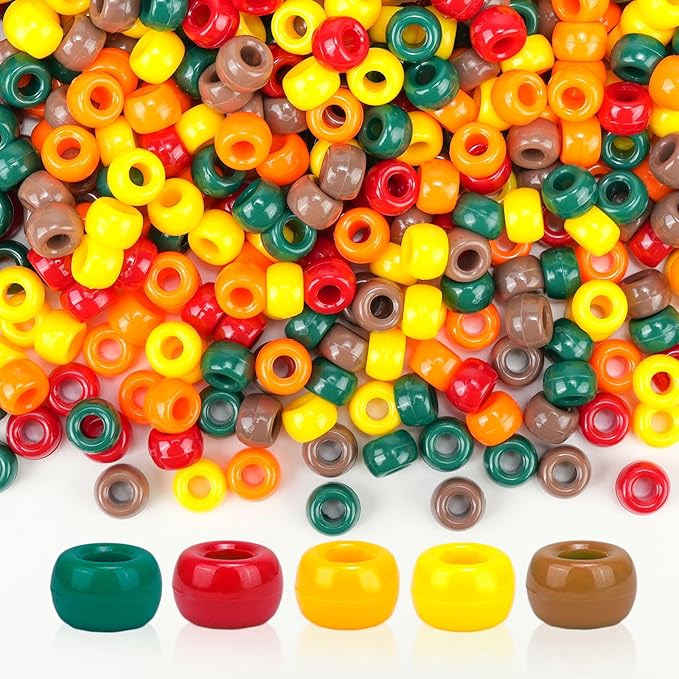 1000PCS Fall Pony Beads Bulk – 6x9mm Green Red Orange Yellow Brown Kandi Beads for Bracelets, Jewelry Making, Hair Braids, DIY Crafts & Thanksgiving Decorations
