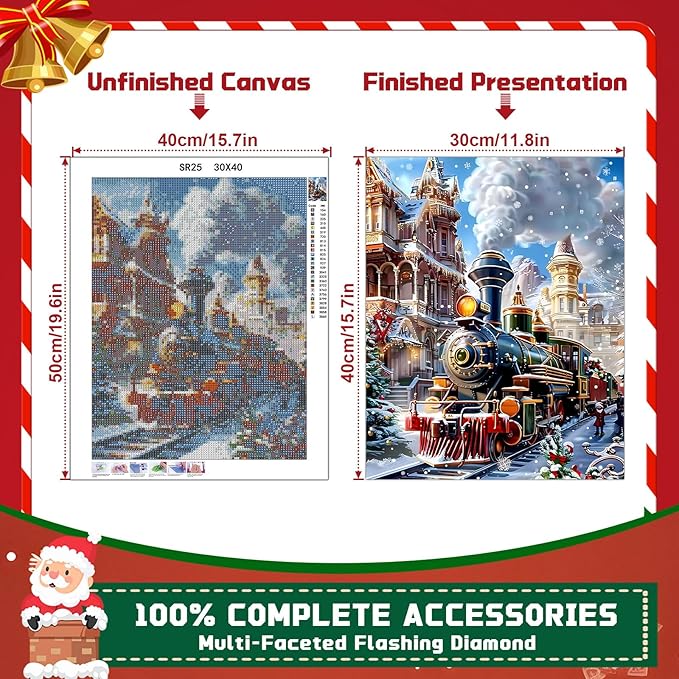 EMIEAUFG Christmas Diamond Art Kits for Adults, Christmas Train Diamond Paiting Kit for Beginners, 5D DIY Round Full Drill Craft Diamond Dot Gem Art, Home Wall Decor 12" x 16"