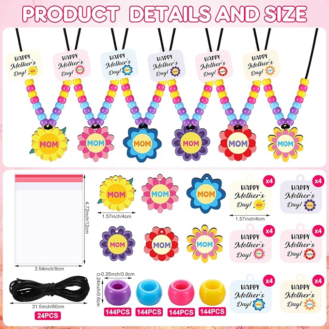 Ferreve 24 Sets Mother's Day Beads Necklace Crafts Kit Mother's Day Gifts DIY Mom Wooden Flowers Necklace Kits Bulk Make Your Own Mom Gifts for Family Classroom Making Party Favors