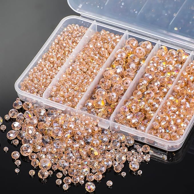 Song Xi 1250PCS 5 Different Size Champagne Crystal Beads for Jewelry Making, Rondelle Glass Beads for Bracelets Necklace, Earring and Making Supplies, Arts and Crafts, AB Color (3/4/6/8/10mm)