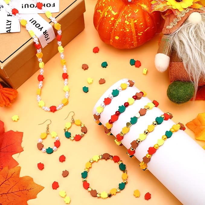 Augshy 300Pcs Fall Maple Leaves Beads, Maple Leaf Polymer Clay Beads for Bracelets, Necklaces, Earrings and Crafts Supplies