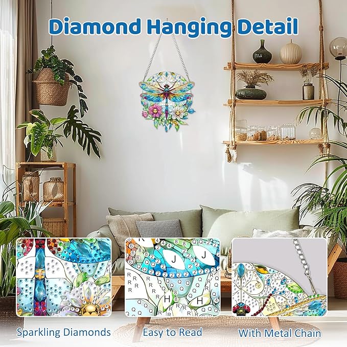 MEIYUDA Dragonfly Diamond Art Hanging Kits for Adult, Flowers Dragonfly Diamond Painting Hanging Kits Ornaments, DIY Special Shaped Rhinestone Window Pendants Kit for Home Garden Wall Decor Gift