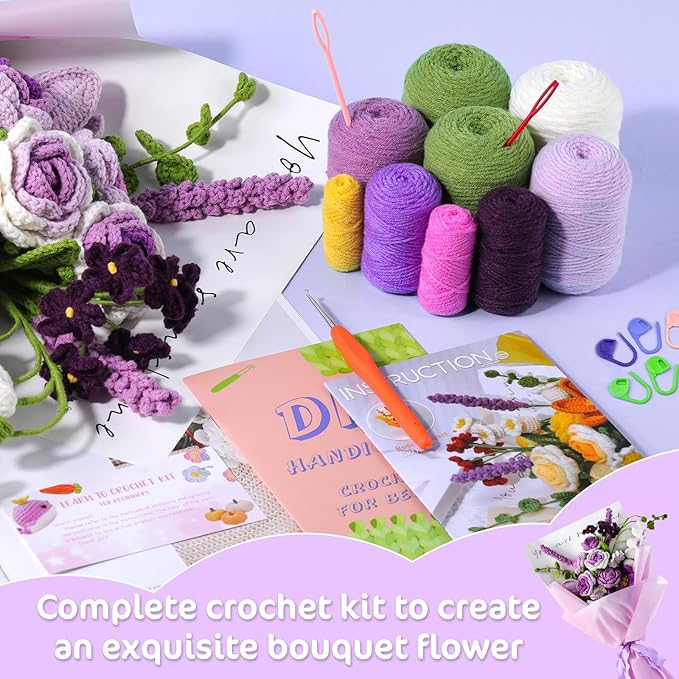 Iuuidu Crochet Kit for Beginners, Flower Bouquet Crochet Kit Rose, Crochet Starter Kit for Beginners with Step-by-Step Video Tutorials for Birthday Anniversary Day Present, Home Decor (Purple)