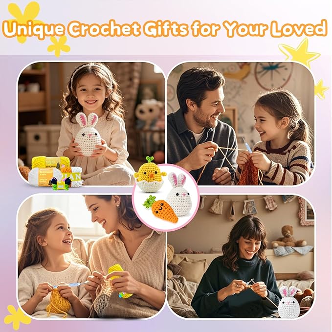 Zepiany Crochet Kit for Beginners, Bunny Egg-Chick Amigurumi Knitting Kit with Crochet Yarn, Easy Crocheting Kit for Beginner Starter Adults with Step-by-Step Video for Easter Women's Day Gift