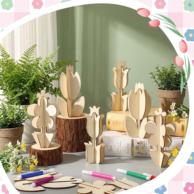 Blosssound 48 Pcs Spring Craft Set 36 Pcs 3D Wooden Flower Cutouts Wood Unfinished Tulip Slices to Paint with 12 Colored Markers for DIY Mother's Spring Crafts Handmade Table Tiered Tray Decor