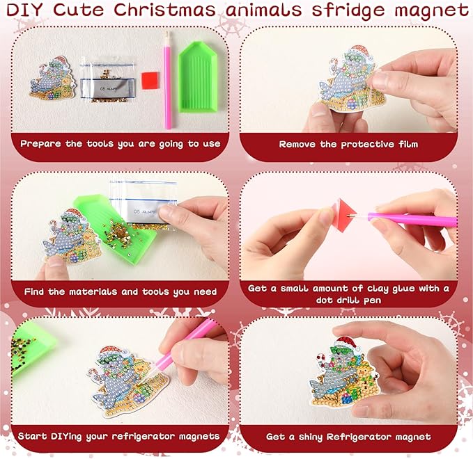Xuhal 30 Pcs July Christmas Diamond Painting Magnets Beach Christmas Animal Diamond Art Magnets Kits for Adults 5D Rhinestone Summer Santa Hat Animal Refrigerator Magnetic Sticker for DIY Fridge Gifts