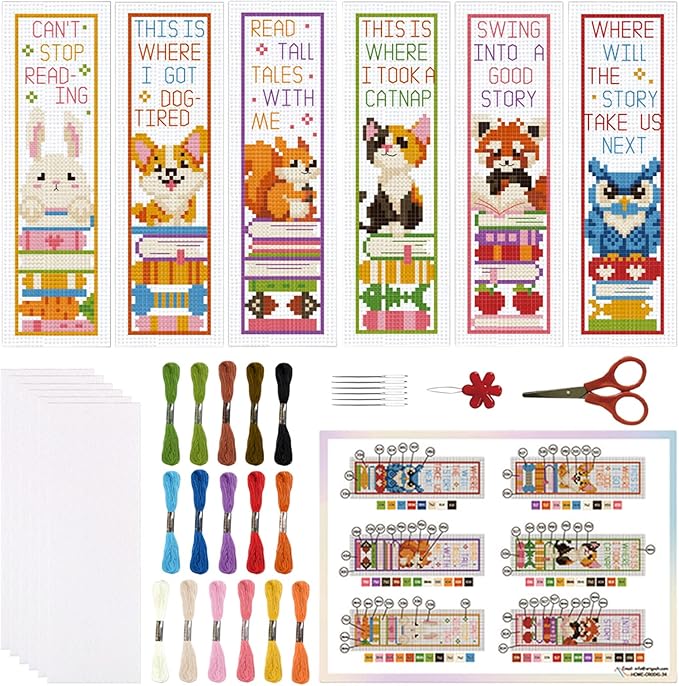 ORIGACH 6 Pcs Cross Stitch Bookmark Kit for Beginner Adults, Cute Animals and Books Stamped Embroidery Bookmark Kit with Instruction for Starters Printed Cross Stitch DIY Kits for Book Lovers