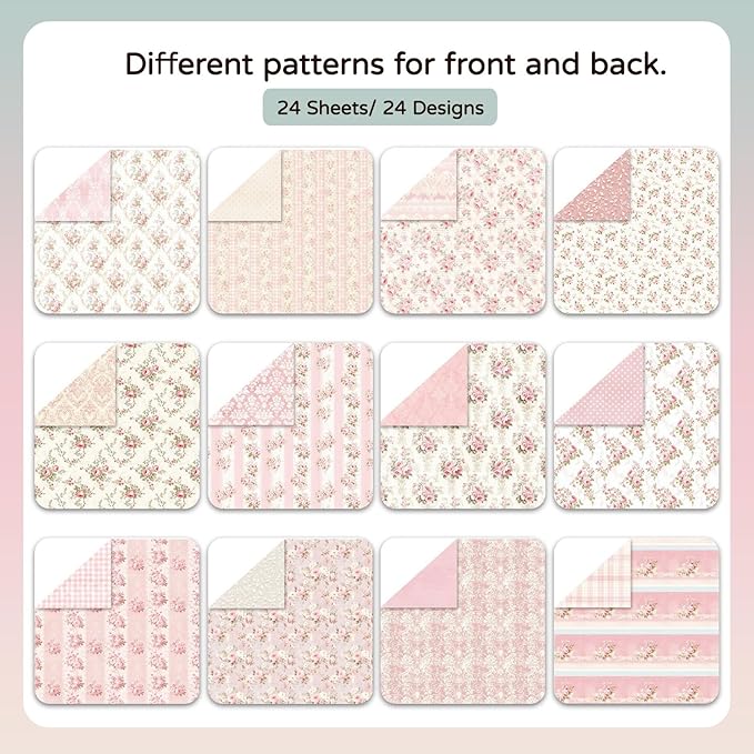 Floral Scrapbook Paper, Vintage Floral Garden Craft Sheets, 24 Pages/24 Unique Designs Double-Sided Origami Art Supplies, Pink Scrapbook Materials for DIY Cards, Journals, Album Decor, 12"x12" Inch