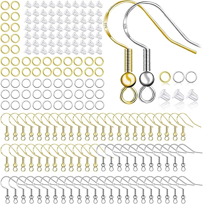 hypoallergenic earring hooks 150 pcs/75 pairs, silver plated ear wires fish hooks,500pcs earring making kit with jump rings and clear silicone earring backs stoppers for diy jewelry making