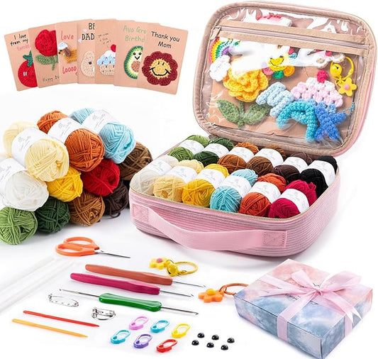 MYBAGZING Crochet Kit for Beginners, Complete Starter Set with Yarn, Ergonomic Crochet Hooks, Needles, Crochet Accessories and Suppliers for Crochet Beginner Projects, Knitting Kit for Adult