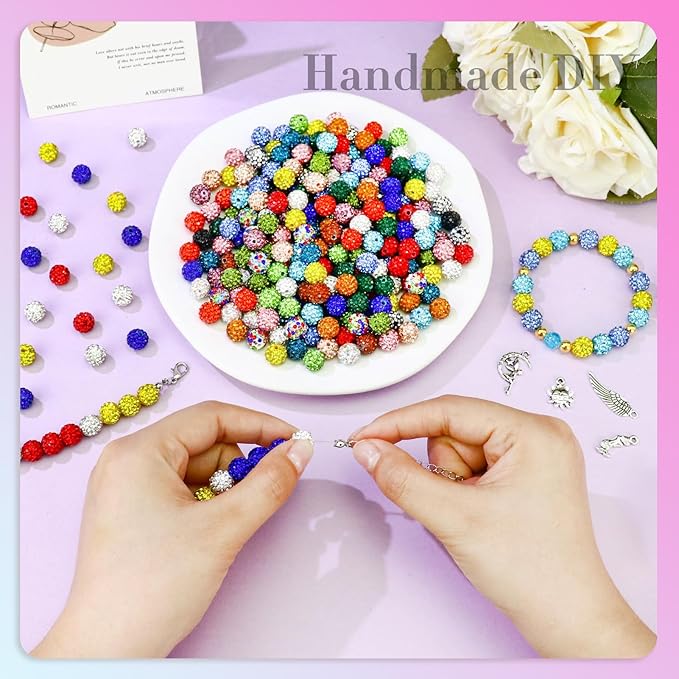 Dowarm 480PCS 10mm Rhinestone Beads Kit for Jewelry Making Baseball Necklace Friendship Bracelet, Round Disco Ball Rhinestone Clay Beading Set with Crackle Spacer Beads Charms for DIY Crafting