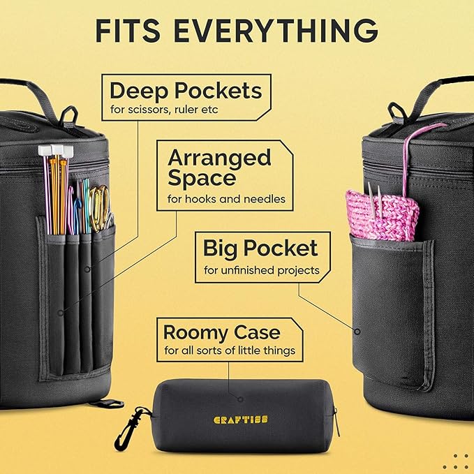 CRAFTISS Knitting Bag Yarn Storage - Crocheters Gift - Durable Canvas Yarn Holder for Crochet Accessories - Organizer Crochet Bag with Knitting Accessories Case (Black)