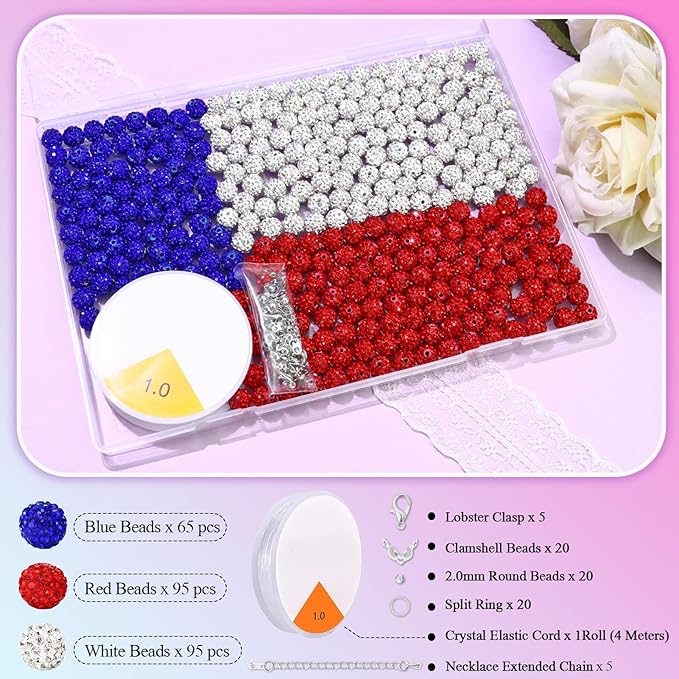 Dowarm 255PCS 10mm Rhinestone Beads for Baseball Rhinestone Necklace Bracelet Jewelry Making, Round Polymer Clay Beads for Crafts Beaded Pens, DIY Shamballa Pave Disco Diamond Bead, White|Red|Blue