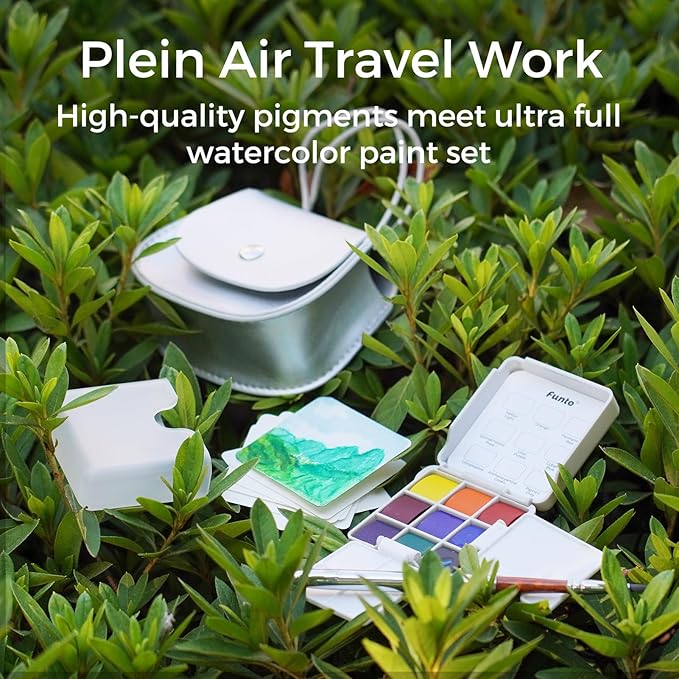 Funto Mini Watercolor Set Travel Kit with 9 Colors, Leather Bag & Watercolor Paper, Portable Drawing & Painting Supplies for Beginners, Art Gift Set
