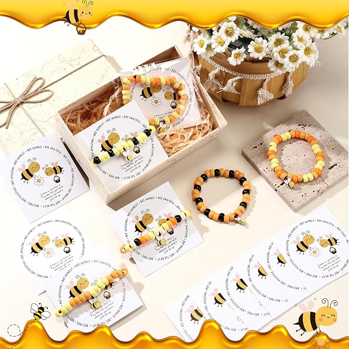 Highergo 50 Set Motivational Bee Themed Gifts Bee Bracelet Beads DIY Craft Kit with Inspirational Cards and Bags for Teacher Bee Party Favors