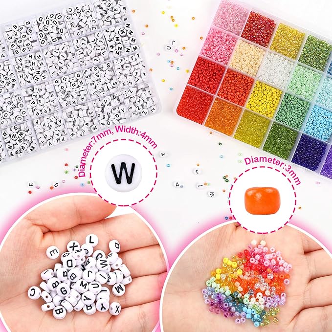 DICOBD Bracelet Making Kit, 12000pcs 3mm 24 Color Glass Seed Beads Kit, Friendship Bracelet Kit with Black Letters, DIY Jewelry Making Supplies for Kids, Girls, Beginners, Birthday Gift