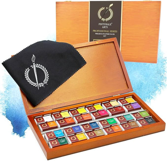 Watercolor Set Professional | 24 Richly Pigmented Colors (XL Pans) in Wooden Box | Artist Grade Watercolor Professional Paint Set