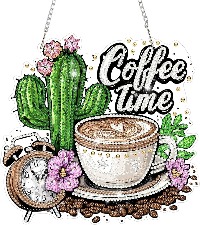 MAXBYE Coffee Time Diamond Art Painting Kits for Adults Beginners Hanging Pendent, DIY 5D Special Shaped Crystal Diamond Painting Kits Ornament for Gift Home Wall Door Decor 8×8 Inch