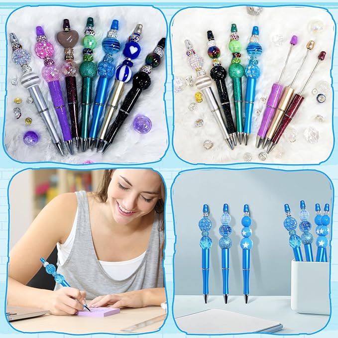 163 Pcs Pen Beads for Beadable Pens: Bubblegum Beads for Pen Making Bulk with Spacer Bead Rhinestone Bead (Blue)