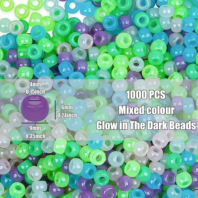 gmma glow in the dark pony beads for jewelry making - colourful plastic beads for friendship bracelets, hair braiding & party decoration - 6x9mm, 6 pack
