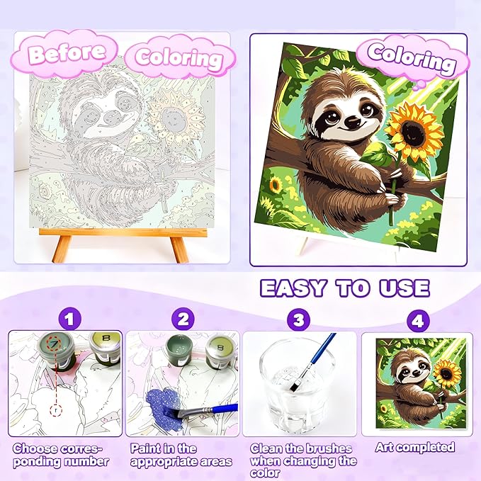 Gemozaic Sloth Paint by Numbers Kit for Kids with Frame and Easel, Paint by Numbers for Kids Ages 8-12, DIY Acrylic Oil Painting for Home Wall Decor, 8x8 Inch