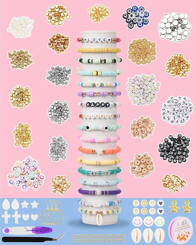 Mio Angle Clay Beads 2 Boxes 24 Colors Bracelet Making Kit, Round Letter Beads with Charm and Elastic Strings, Friendship Bracelets Holiday Gifts for Girls Adults